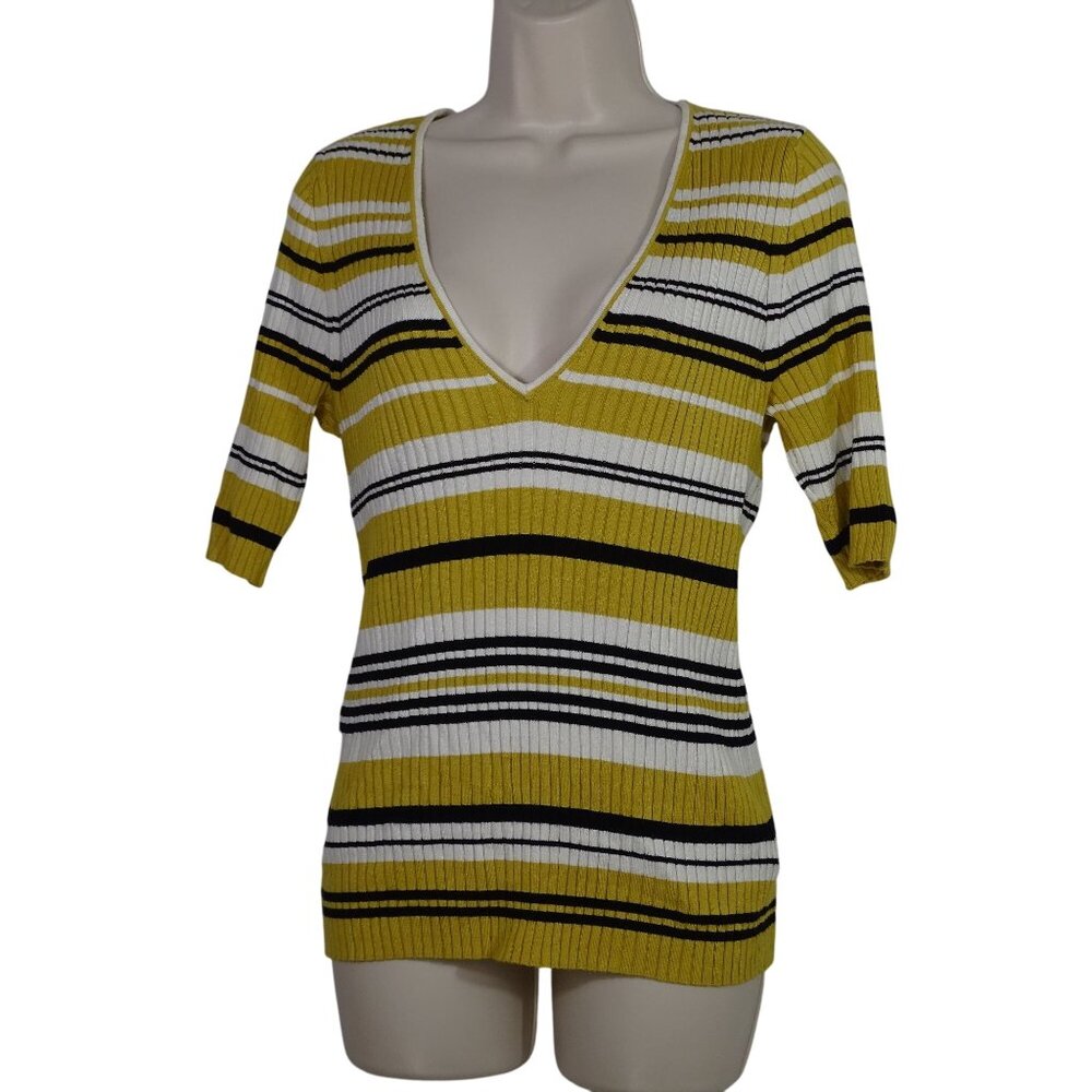 Express Striped Plunge V-Neck Ribbed Knit Top Women Size L Yellow Gold Short Slv